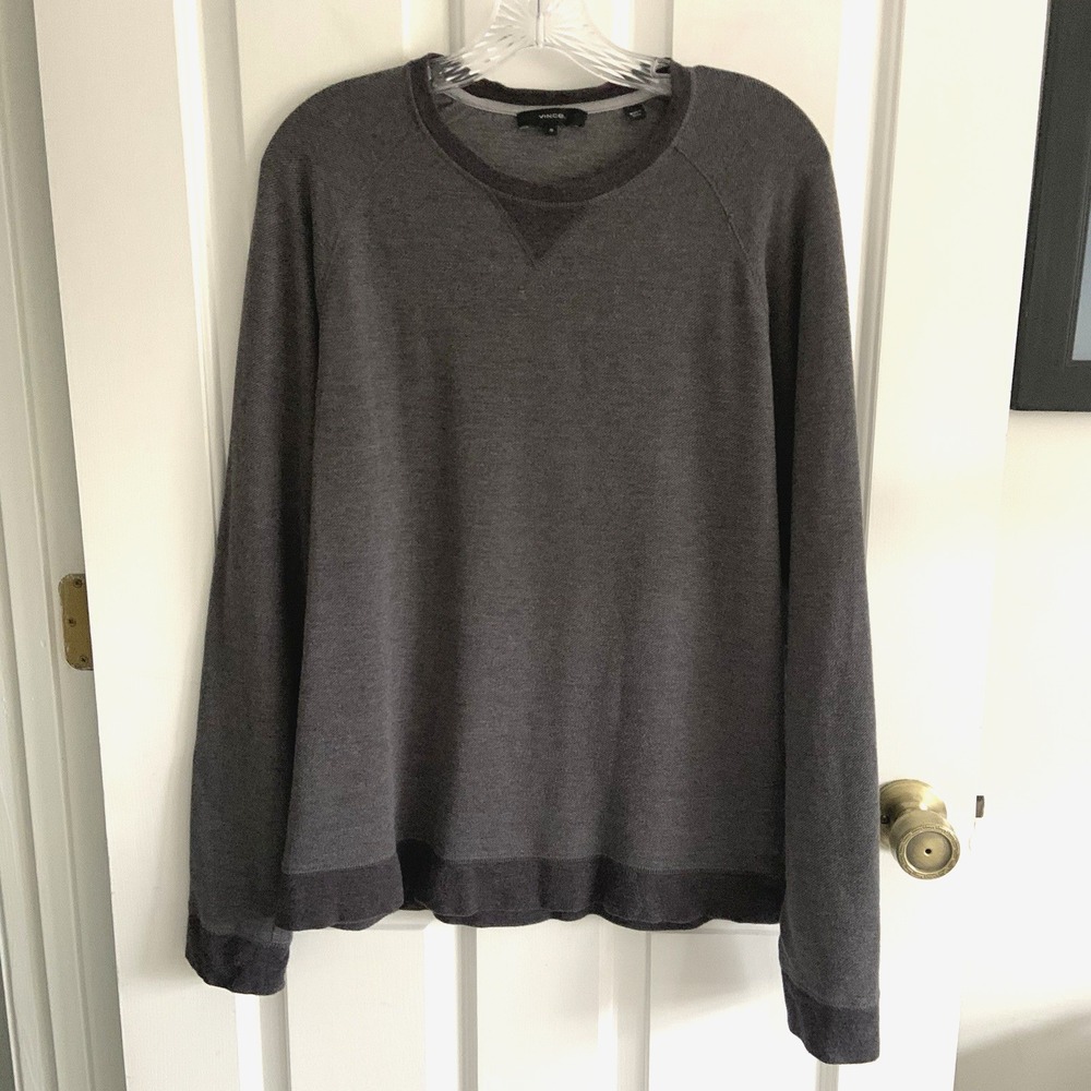 VINCE Cotton Cashmere Charcoal Gray Micro stripe Crew Neck Sweater Men sz M